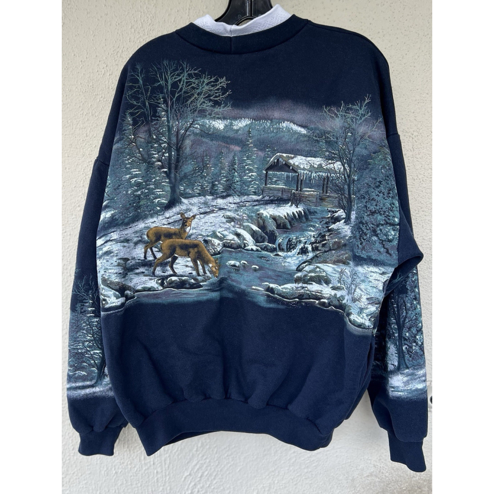 VTG 90's Art Unlimited Winter Wonderland AOP Sweatshirt XL Deer Lake USA Cabin - Picture 8 of 13